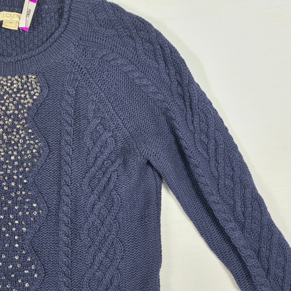 J.Crew Factory Sweater Womens‎ Medium Merino Wool Navy Blue Beaded Cable Knit - Picture 3 of 16